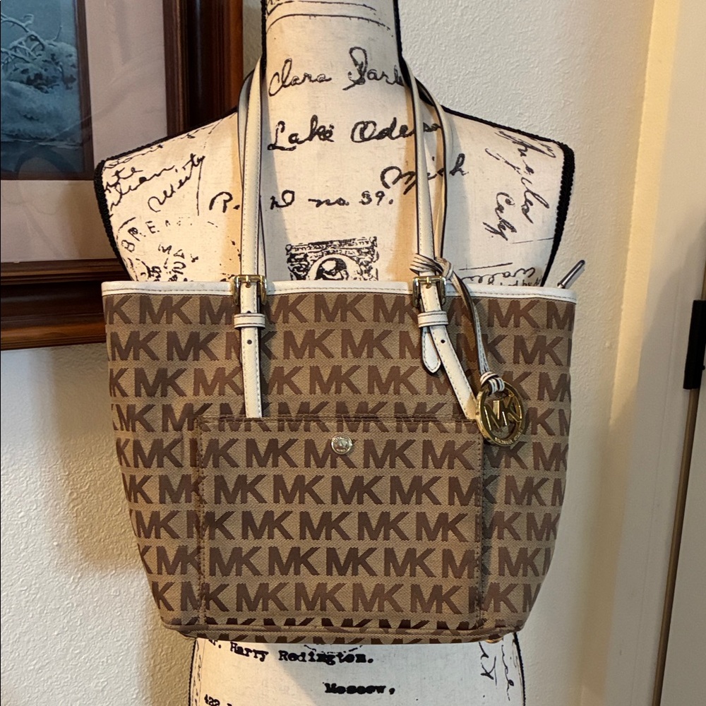 Michael Kors Brown and Tan Logo Shoulder Purse